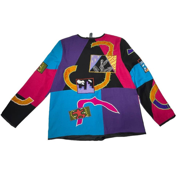 Women's Vintage  Indigo Moon Patchwork Modern Art Applique Jacket Sz M - Picture 2 of 11